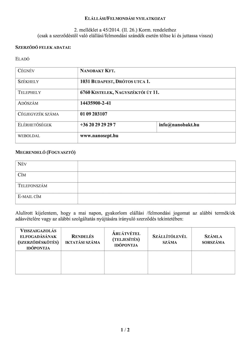 Elállási nyilatkozat